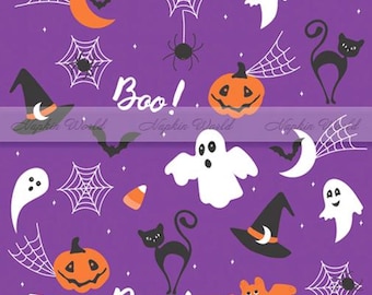 May include: Purple background with a Halloween pattern featuring ghosts, bats, spiders, pumpkins, candy corn, and the words "Boo!" and "Boo!"