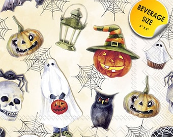 May include: Halloween themed paper napkins with a variety of spooky designs including pumpkins, ghosts, bats, spiders, and owls. The napkins are 5" x 5" and feature the text "Beverage Size" and "Napkin World".