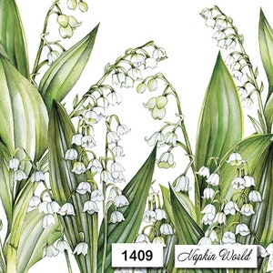 May include: A watercolor illustration of white lily of the valley flowers with green leaves. The image has the text "Napkin World" and "1409" in the bottom right corner.