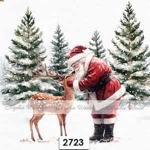 May include: Watercolor illustration of Santa Claus and a reindeer in a snowy forest. Santa, in a red suit with white trim, touches the reindeer's face. The reindeer has brown fur with white spots. Evergreen trees are in the background.
