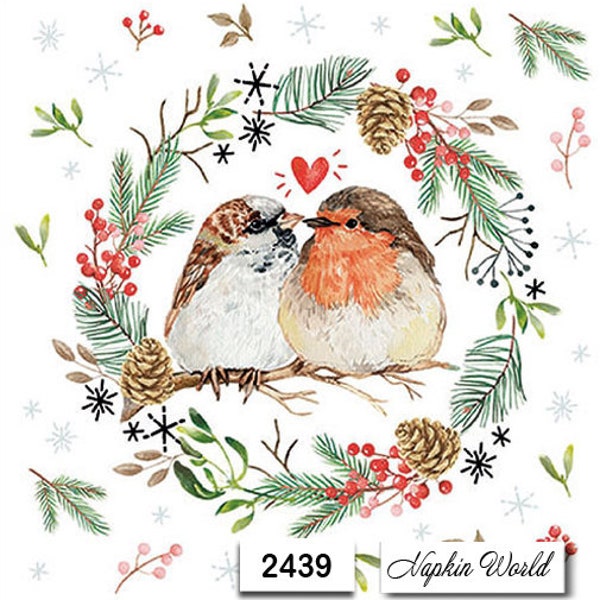 FREE SHIP - Two Paper Luncheon Decoupage Art Craft Napkins - (Design 2439) BIRDS Sparrow Robin Christmas Love Pair Couple Wreath