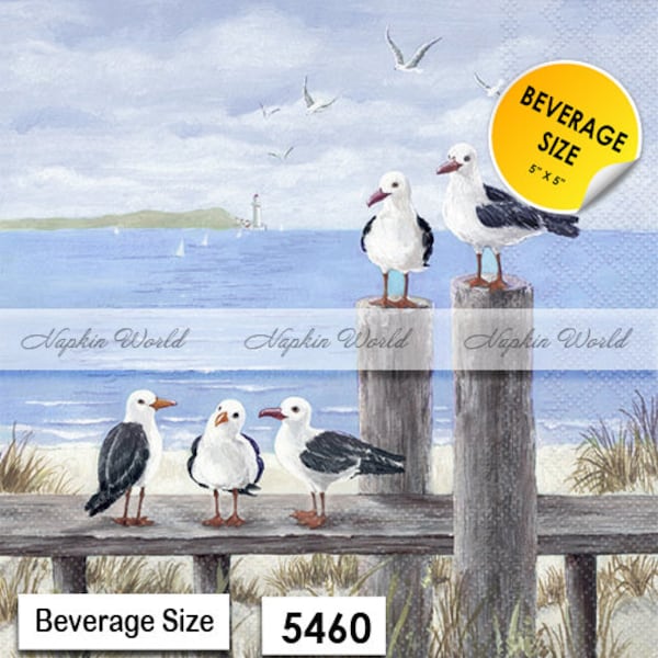 FREE SHIP - Two Paper ***BEVERAGE Size*** Decoupage Art Craft Napkins - (Design 5460) Seagulls Gulls Sea Birds Ocean Shore Beach