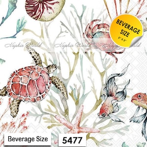 May include: Watercolor illustration of a sea turtle, starfish, crab, and fish on a white background. The illustration is surrounded by coral and seaweed. The text "Beverage Size 5" x 5" and "5477" is printed on the image.
