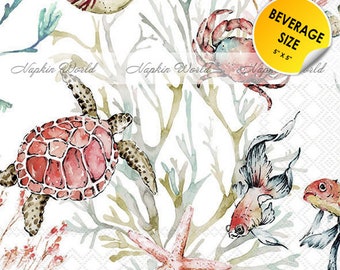 FREE SHIP - Two Paper ***BEVERAGE Size*** Decoupage Art Craft Napkins - (Design 5477) Marine Life Ocean Sea Turtle Crab Starfish Fish Shells