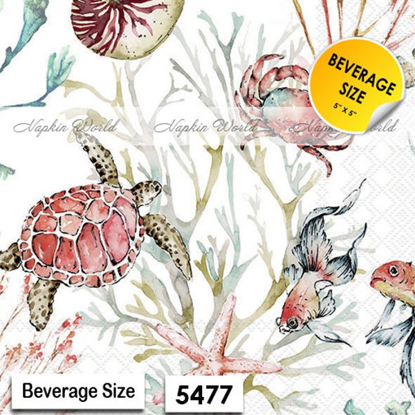 FREE SHIP - Two Paper ***BEVERAGE Size*** Decoupage Art Craft Napkins - (Design 5477) Marine Life Ocean Sea Turtle Crab Starfish Fish Shells