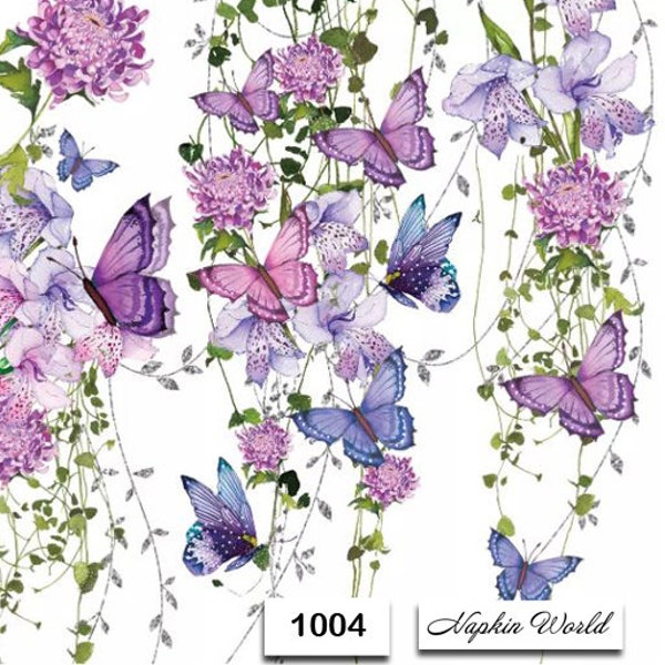 FREE SHIP - Two Paper Luncheon Decoupage Art Craft Napkins - (Design 1004) BUTTERFLIES in Floral Vines Butterfly Flowers