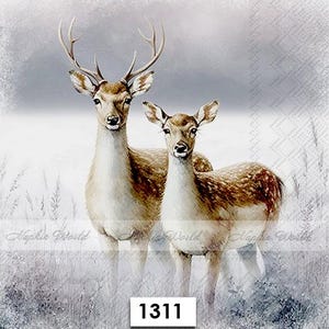 May include: A watercolor-style image of two deer standing in a snowy field. The deer have brown fur with white spots and large antlers. The image has a soft, muted color palette with the number "1311" in a white box at the bottom.
