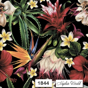 FREE SHIP - Two Paper Luncheon Decoupage Art Craft Napkins - (Design 1844)  Tropical FLOWERS Black Background Exotic Floral Bird of Paradise