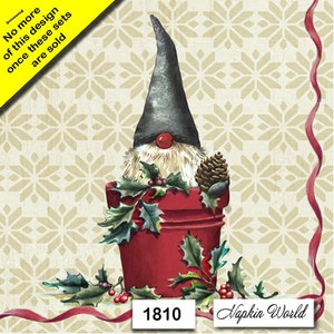FREE SHIP - Two Paper Luncheon Decoupage Art Craft Napkins - (Design 1810) GNOME Christmas Red Bucket Tomte