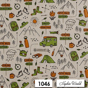 May include: A seamless pattern featuring hand-drawn illustrations of camping and hiking equipment, including tents, backpacks, boots, compasses, and a camper van. The pattern is on a beige background with green, orange, and brown accents. The text "Camping Hiking" and "Stay Wild Outdoor" is included in the pattern.