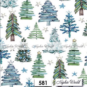 May include: A white background with a repeating pattern of blue and green Christmas trees. The trees are decorated with seashells, starfish, and other nautical elements. The text "Napkin World" appears at the bottom of the image.