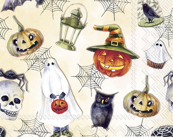 May include: A Halloween themed napkin with a variety of spooky characters and objects, including pumpkins, ghosts, owls, and bats. The napkin features a black and white spider, a lantern, and a ghost holding a jack-o-lantern. The text "Napkin World" and the number "2481" are printed on the napkin.