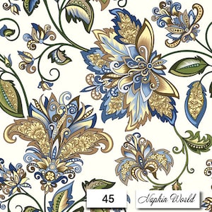 May include: A white background with a blue and gold floral pattern. The design features intricate details and a paisley-like motif. The text "Napkin World" and the number "45" are visible in the bottom right corner.