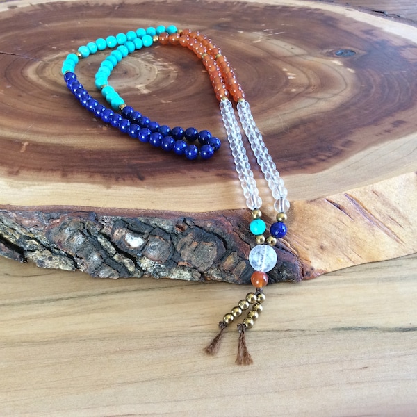 Mala necklace in 108 carnelian turquoise and lapis lazuli rock crystal stones, gift for her, mantra mala, yoga