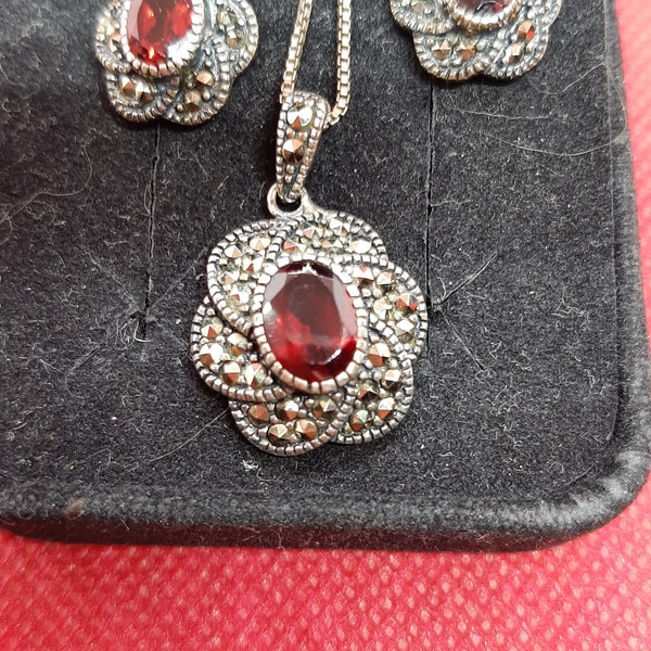 Garnet pierced earrings and necklace pendant set marcasite stones