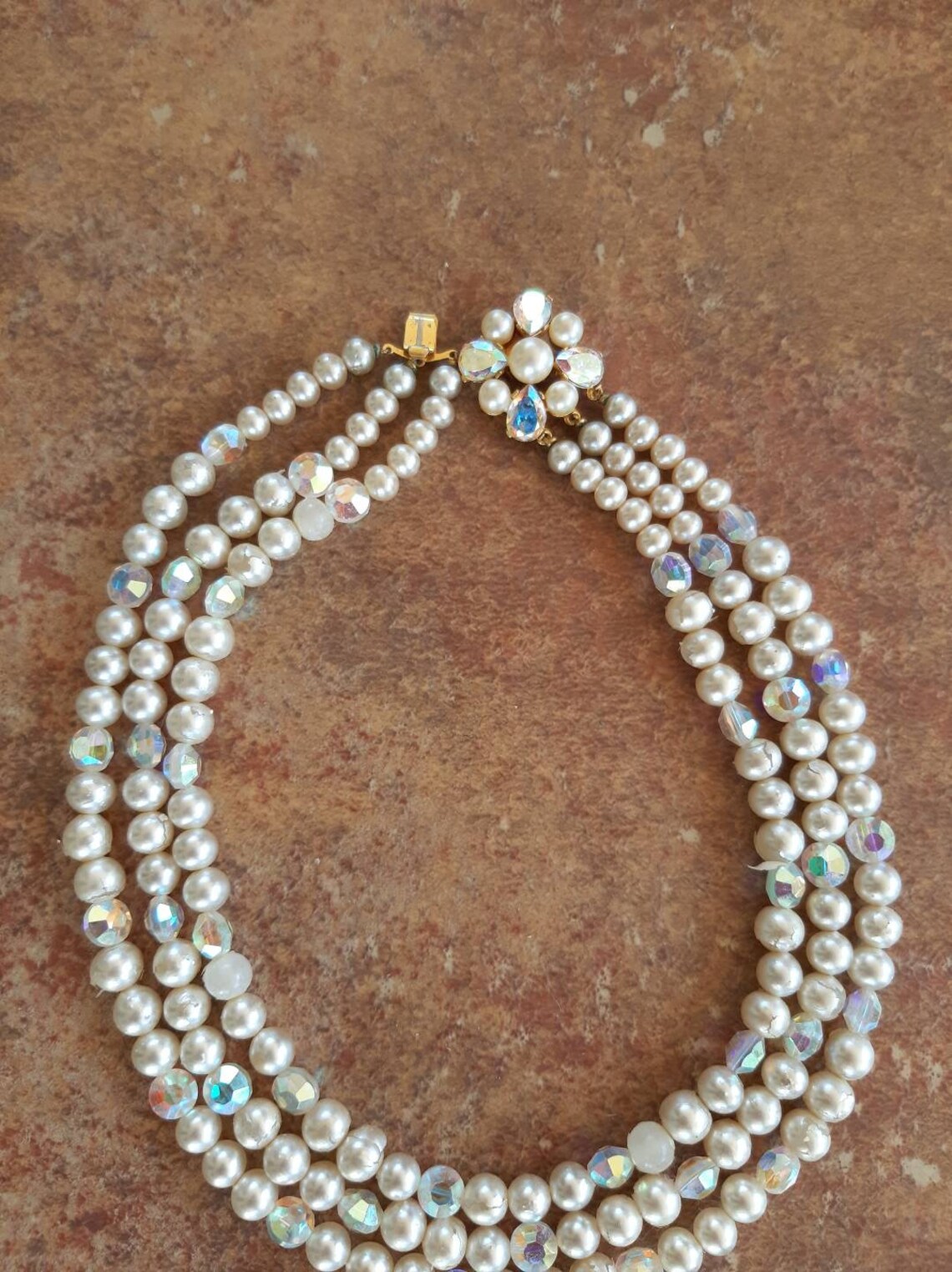 Vintage Marvella Three Strand Pearl and Rhinestone Necklace FREE