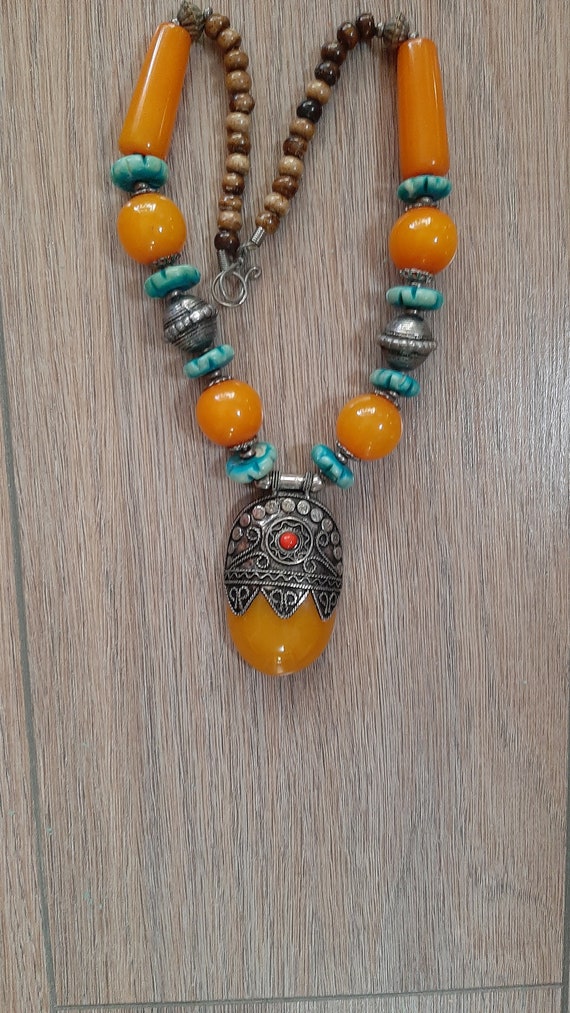 Tibetan Amber Resin Medallion Necklace - image 1