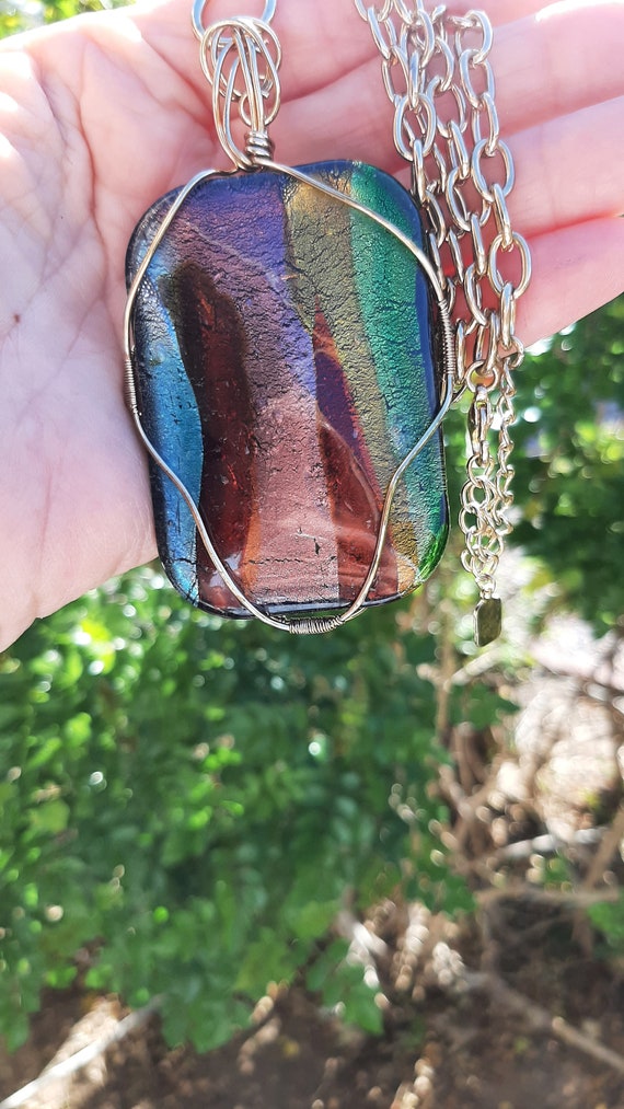 Hand blown wire wrapped Large glass pendant neckl… - image 2