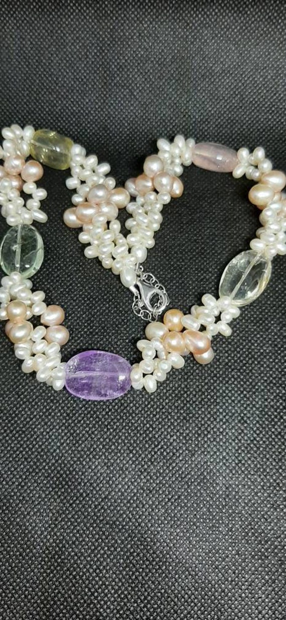 Beautiful Silver Pink and White Real Pearl Necklac