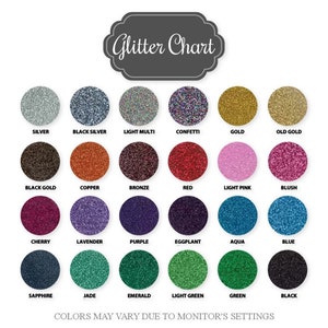 K&ouml;nnte beinhalten: Eine Karte mit 18 verschiedenen Glitzerfarben, darunter Silber, Gold, Rot, Blau, Gr&uuml;n und Schwarz. Die Karte ist mit "Glitter Chart" beschriftet.