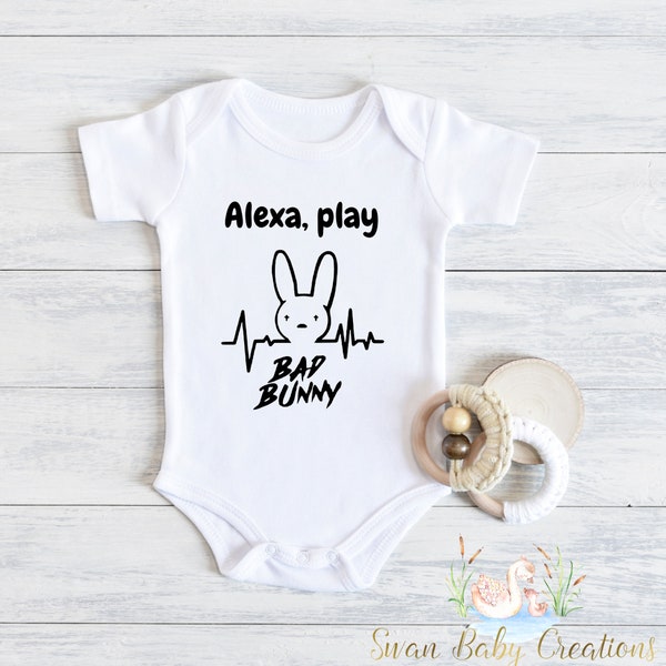 Alexa, Play Bad Bunny Bodysuit for baby, Baby Bunny Shirt, I listen to bad bunny with my mom, Baby Shower gift Pregnancy gifts Gender Reveal