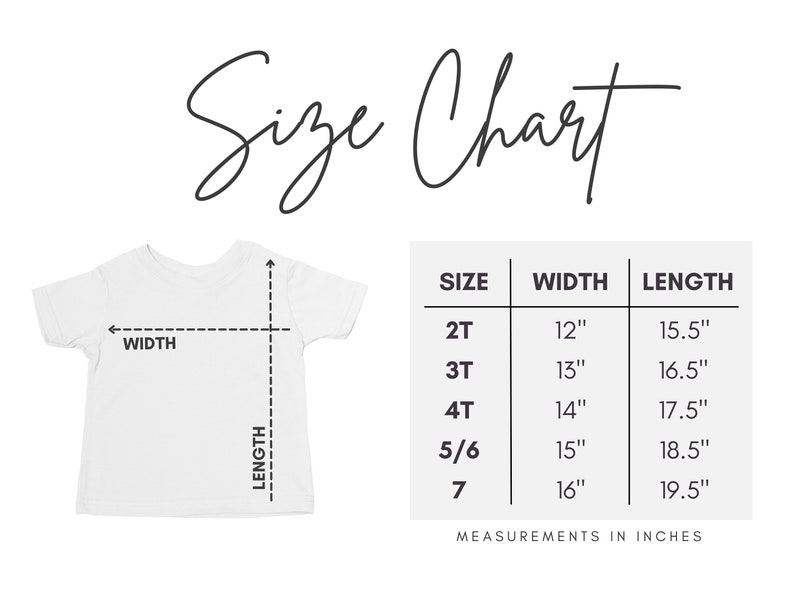 K&ouml;nnte beinhalten: Gr&ouml;&szlig;entabelle f&uuml;r ein T-Shirt mit Ma&szlig;en in Zoll f&uuml;r die Gr&ouml;&szlig;en 2T, 3T, 4T, 5/6 und 7. Die Tabelle zeigt die Breite und L&auml;nge jeder Gr&ouml;&szlig;e.