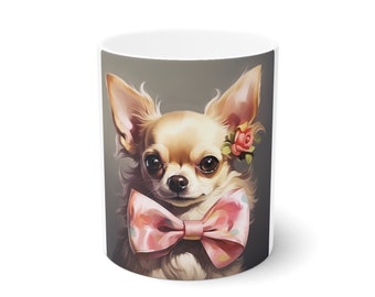 Tasse im Stil der coquette aesthetic, Chihuahua mit Schleife, pink, rosa