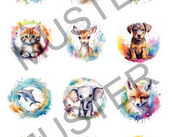 Modèle Canva, ensemble d'autocollants, 50 animaux différents, aquarelle, ensemble, impressions, modèles