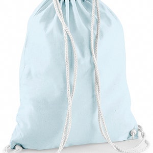 Turnbeutel Baumwolle zum Bedrucken, gymsack, Sporttasche einfarbig, 100 % Baumwolle, viele verschiedene Farben pastellblue/white