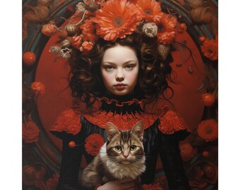 Lady of cats, high quality canvas print in coquette aestethic style