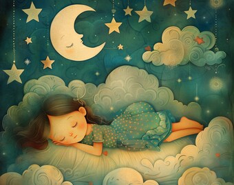 Traumhaftes Aquarell: Schlafendes Mädchen auf Wolke mit Mond & Sternen – Zum Selbstausdrucken