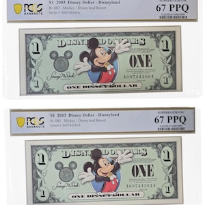 May include: Two 2003 one-dollar Disney banknotes from Disneyland, each graded PCGS Superb Gem UNC 67 PPQ. The notes feature Mickey Mouse, Tinker Bell, and the signature of Scrooge McDuck, with serial numbers A00744360A and A00744361A in plastic holders.