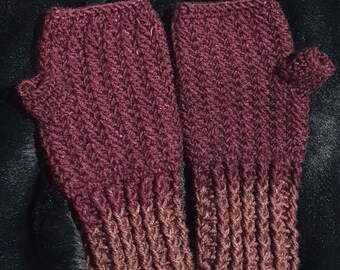 Unisex, soft and warm, fingerless gloves to fit small adult in stunning burgundy bamboo acrylic mix yarn.