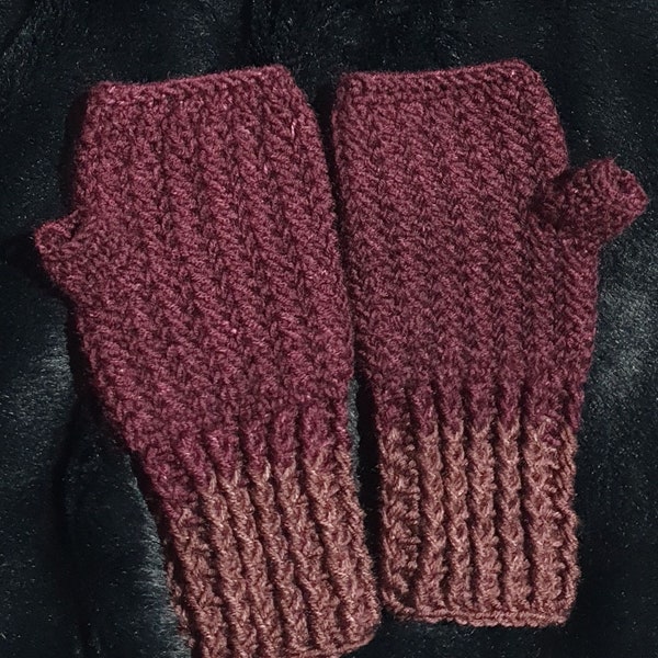 Unisex, soft and warm, fingerless gloves to fit small adult in stunning burgundy bamboo acrylic mix yarn.