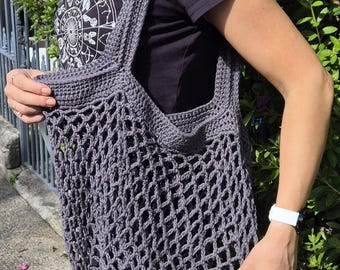Reuseable, hand crocheted 100% cotton market bag or string bag in beautiful dark steel grey in various designs.