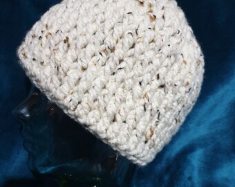 Hand crocheted, unisex, chunky knit, beanie or hat in lovely cream tweed tones sized to fit large adult.