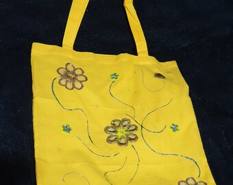 Hand decorated flower design, cotton shopping, tote or carry bag in various colours.