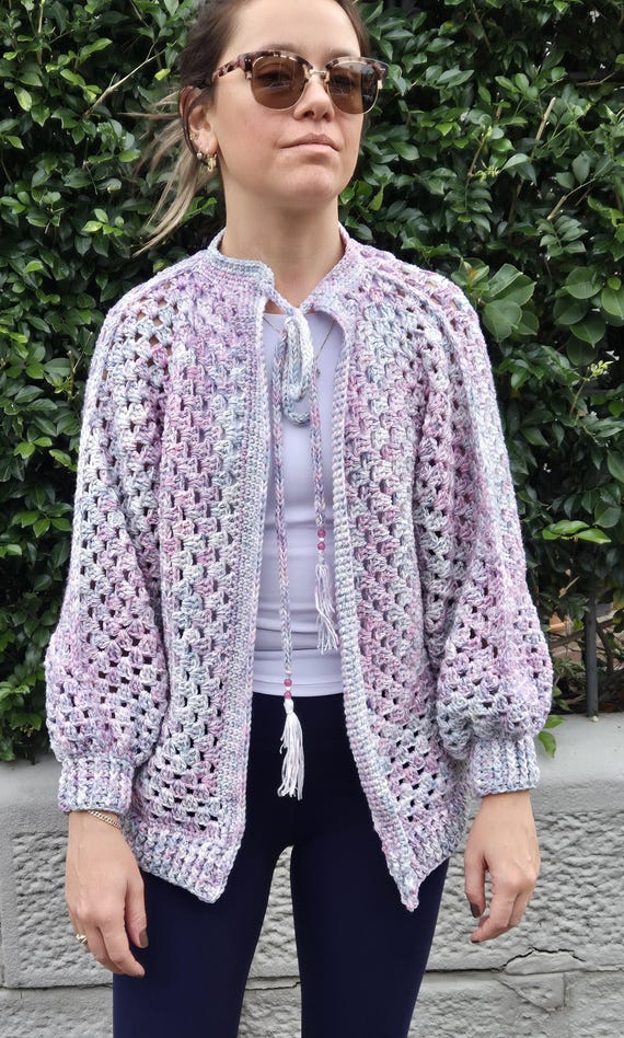 OOAK, Hand Crocheted Hexagon Cardigan in Pink, Mauve, Blue and
