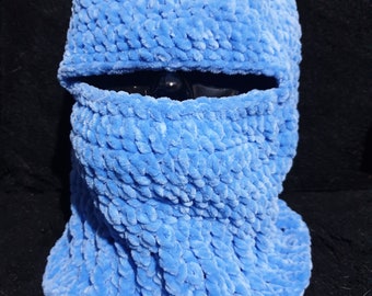 Chunky,XXlarge, unisex crochet ski mask or balaclava in gorgeously soft velveteen yarn in a beautiful sky blue.