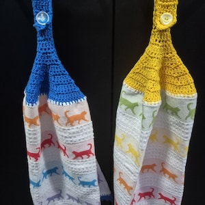 Cute cat pattern 100% cotton tea towels in rainbow colours with crochet top and bottom.