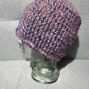 May include: A purple and brown crocheted beanie hat on a glass head form.