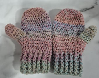 Children's rainbow mittens in Bendigo Woollen Mills 100% wool available in various sizes.