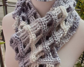 Unisex crochet scarf in super soft grey and white toned with fringe in easy care acrylic.