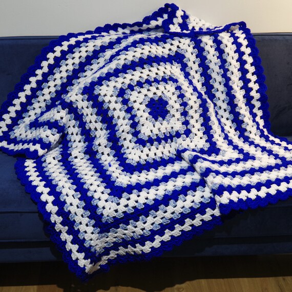 Crochet Blanket Afghan Throw Blue & White Stripes Wool 36" x  54" Good Condition