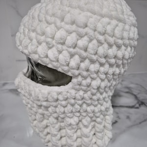 Stylish unisex, crochet ski mask or balaclava in chunky soft yarn in snow white sized to fit Small to Medium adult.