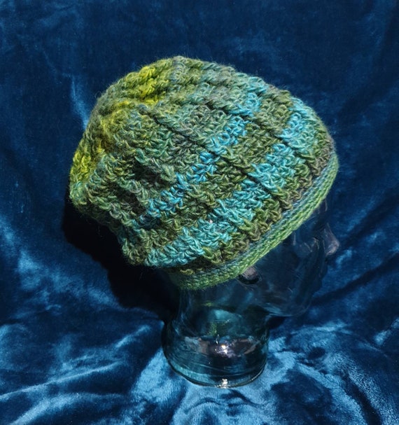 Crochet Handmade Green And Teal Slouchy Beanie Handmade Green Crocheted Slouchy Beanie, Pom Pom Winter Hat  main image 2