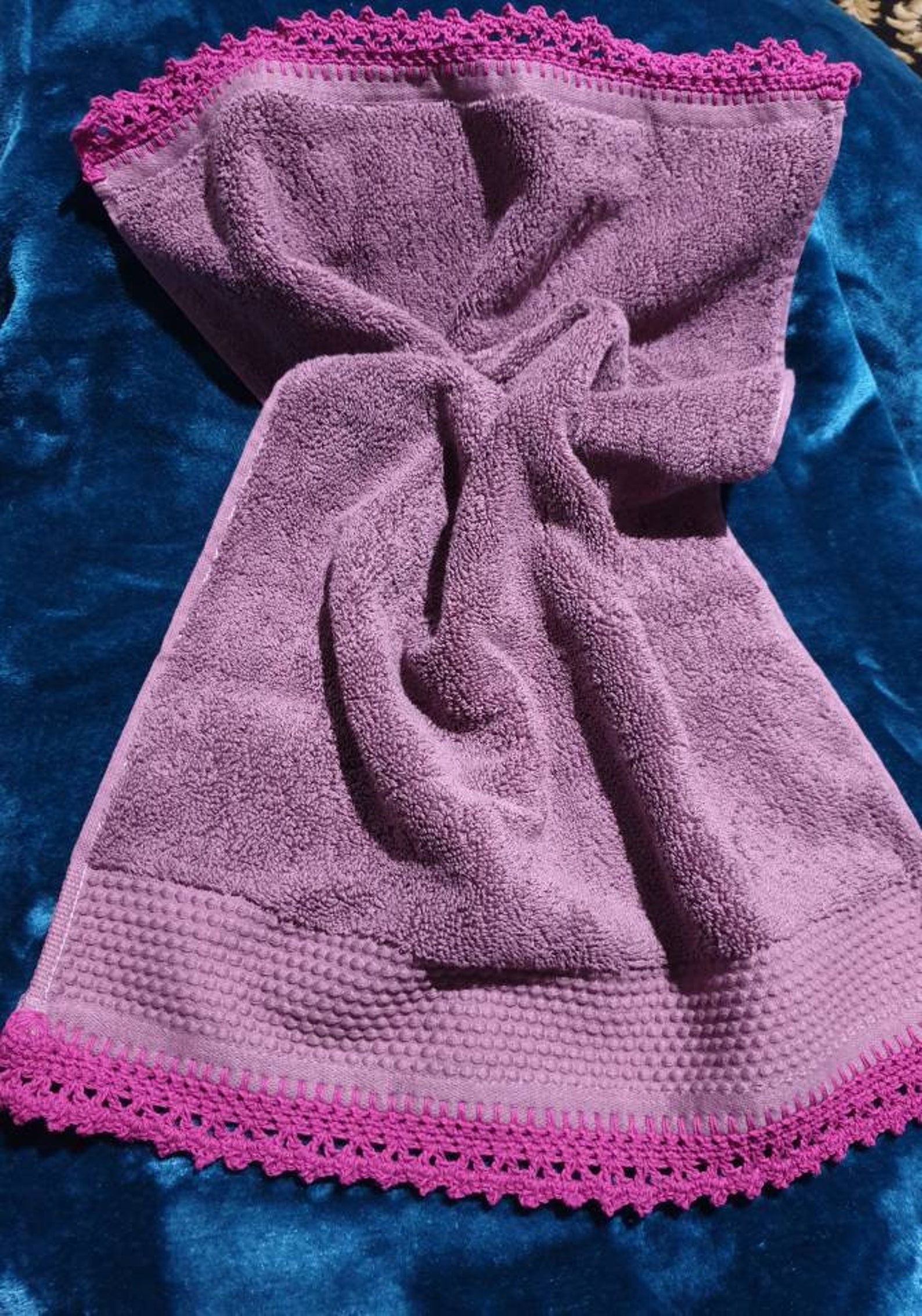 Vibrant cotton hand towels with crocheted edging. Etsy