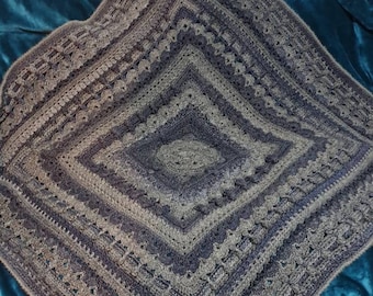Heirloom crochet woollen mix blanket or throw in blue and grey tones.