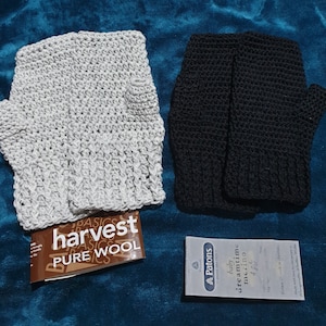 Unisex fingerless gloves made in pure new wool to fit various adult sizes in various colours.
