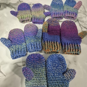 Children&#39;s rainbow woollen mittens in Bendigo Woollen Mills 100% pure wool yarn in various sizes.
